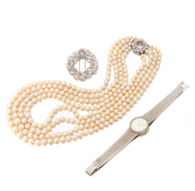 View full screen - View 1 of Lot 65. Diamond brooch, cultured pearls necklace and a Jaeger Le-Coultre wristwatch (Spilla in diamanti, collana con perle coltivate e orologio da polso firmato Jaeger Le-Coultre).