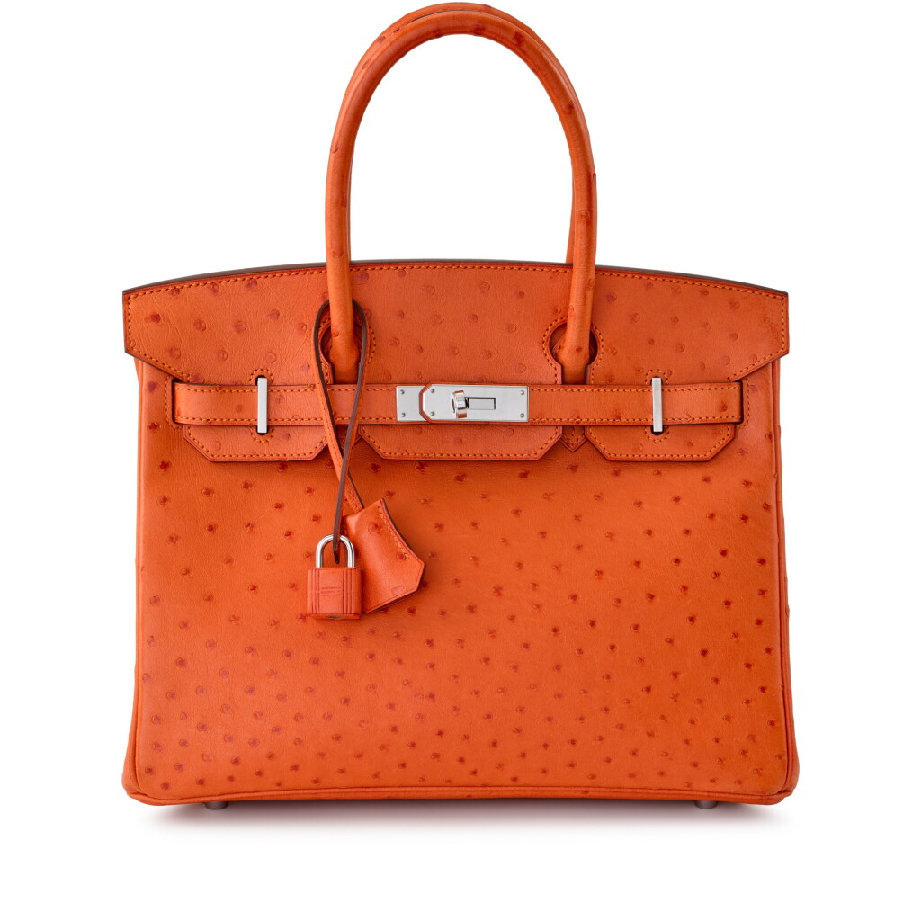 View full screen - View 1 of Lot 23. Tangerine Ostrich Birkin 30 Palladium Hardware, 2016.