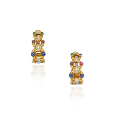 View full screen - View 1 of Lot 514. Pair of Gold, Ruby, Emerald, Sapphire and Diamond Earclips.