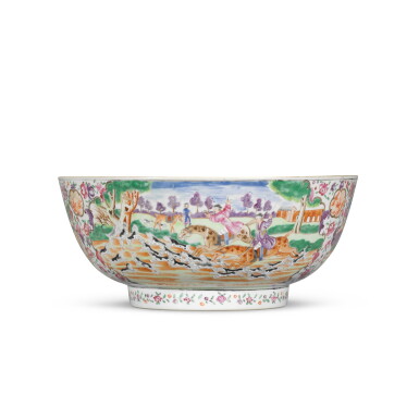View full screen - View 1 of Lot 274. A famille-rose 'hunting scene' punch bowl, Qing dynasty, Qianlong period.