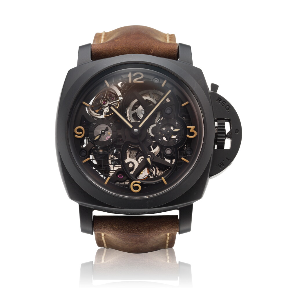 View full screen - View 1 of Lot 311. Reference PAM00528 Luminor 1950 Lo Scienziato | A limited edition black ceramic and titanium skeletonized tourbillon dual time wristwatch, Circa 2014.