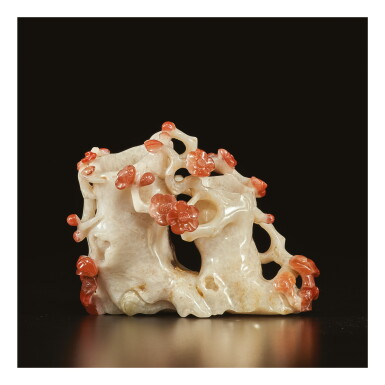 View full screen - View 1 of Lot 676. A CARNELIAN 'PRUNUS AND LINGZHI' DOUBLE VASE, QING DYNASTY, 18TH / 19TH CENTURY.