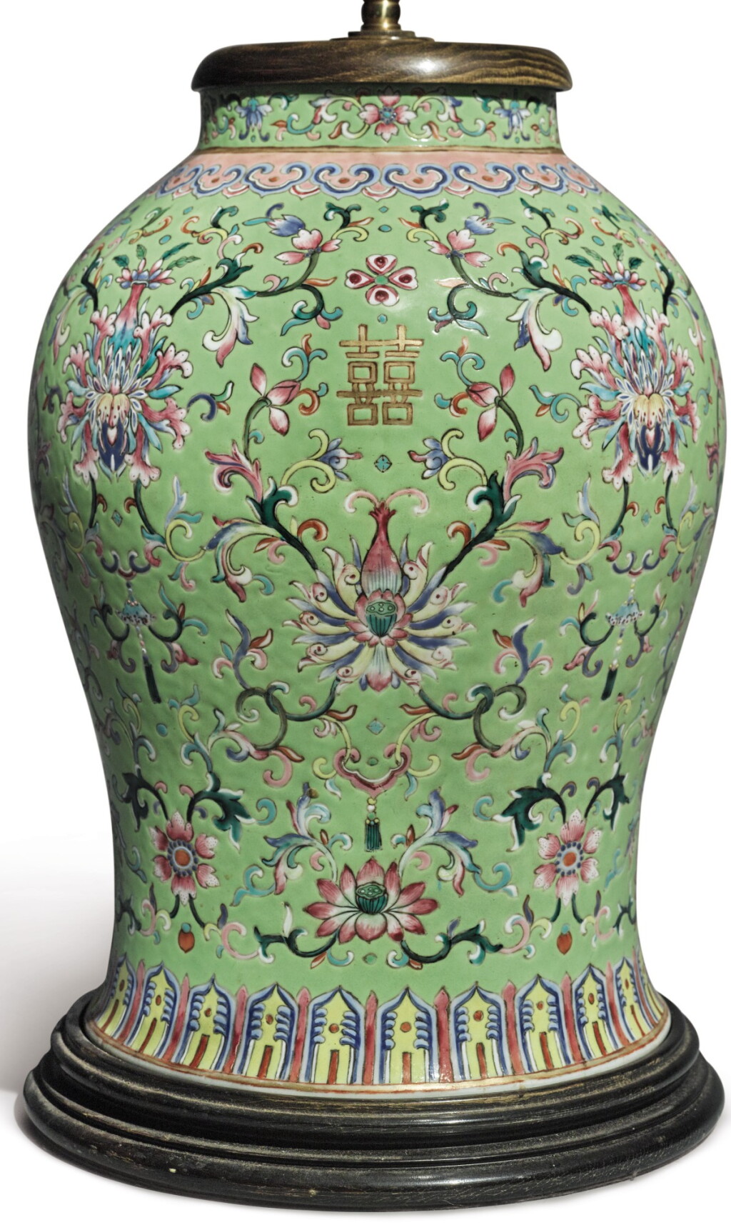 View full screen - View 1 of Lot 280. A CHINESE FAMILLE-ROSE LIME GREEN GROUND 'LOTUS' BALUSTER VASE, NOW MOUNTED AS A LAMP, LATE 19TH/EARLY 20TH CENTURY.