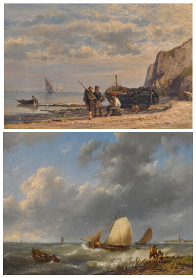 View full screen - View 1 of Lot 114. Two coastal views: Fishermen on a beach; Fishermen in a rough sea.