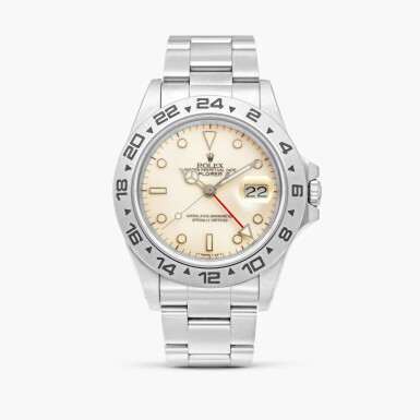 View full screen - View 1 of Lot 2331. Explorer II, Reference 16550 | A stainless steel wristwatch with 24 hour indication, date, cream dial and bracelet, Circa 1984.