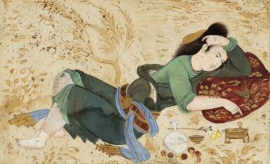 View full screen - View 1 of Lot 6. An Album Page: A Youth Lying in a Landscape, Safavid Persia, 17th Century.