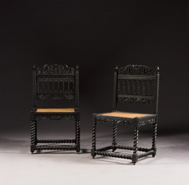 View full screen - View 1 of Lot 58. A near matched pair of Indo-Dutch ebony side chairs, India, Coromandel coast, circa 1660-80.
