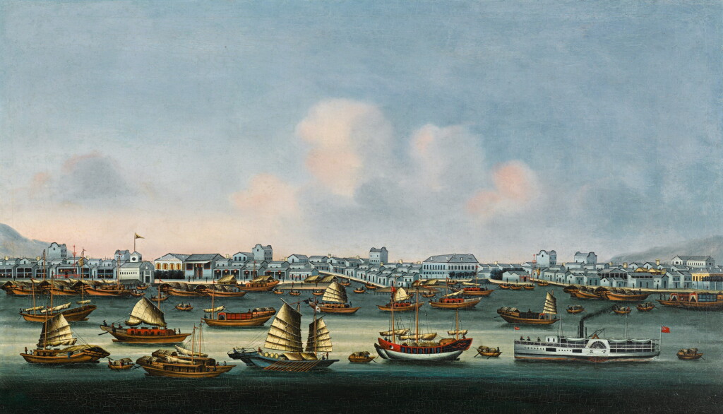 View full screen - View 1 of Lot 203. A SET OF FOUR CHINA TRADE PAINTINGS QING DYNASTY, CA. 1880 | 清 約1880年 《香港》、《澳門》、《廣州》及《廈門》外銷油畫一組四幅.