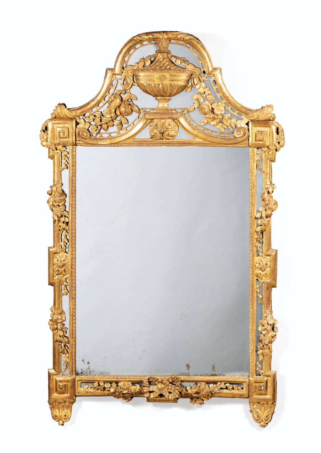 View full screen - View 1 of Lot 71. A CARVED GILTWOOD MIRROR, LOUIS XVI | MIROIR EN BOIS DORÉ D'ÉPOQUE LOUIS XVI.