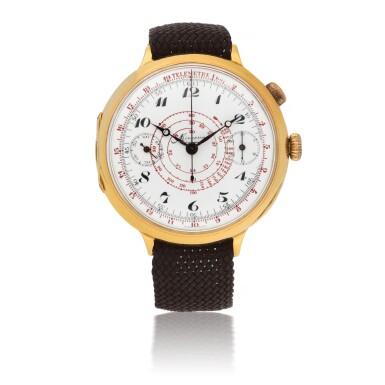View full screen - View 1 of Lot 23. MINERVA | OVERSIZED YELLOW GOLD MONO-PUSHER CHRONOGRAPH WRISTWATCH WITH WHITE ENAMEL DIAL CIRCA 1930.
