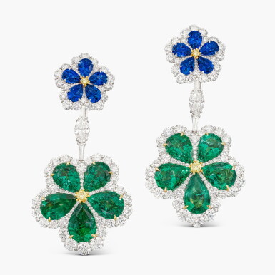 View full screen - View 1 of Lot 1281. Pair of Sapphire, Emerald and Diamond Earclips | 藍寶石 配 祖母綠 及 鑽石 耳夾一對.