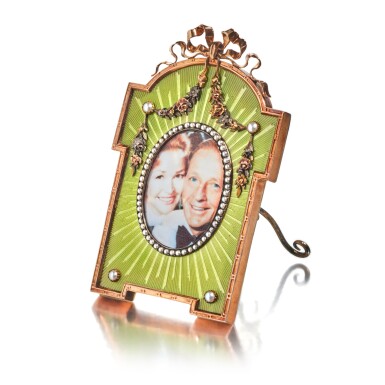 View full screen - View 1 of Lot 72. A Fabergé Varicolored Gold-Mounted Guilloché Enamel Miniature Photograph Frame, Workmaster Viktor Aarne, St Petersburg, 1899-1903.