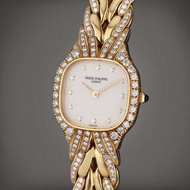 View full screen - View 1 of Lot 272. Reference 4815/3J-001 La Flamme | A yellow gold and diamond-set cushion shaped bracelet watch, Circa 1997.