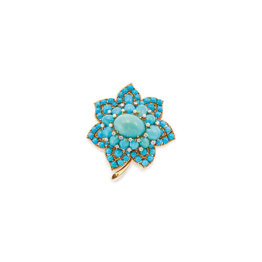 View full screen - View 1 of Lot 153. TURQUOISE AND DIAMOND CLIP-BROOCH, VAN CLEEF & ARPELS.