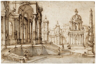 View full screen - View 1 of Lot 119. FILIPPO JUVARRA | AN ARCHITECTURAL FANTASY: A SET DESIGN, POSSIBLY FOR THE OPERA "GIUNIO BRUTO".