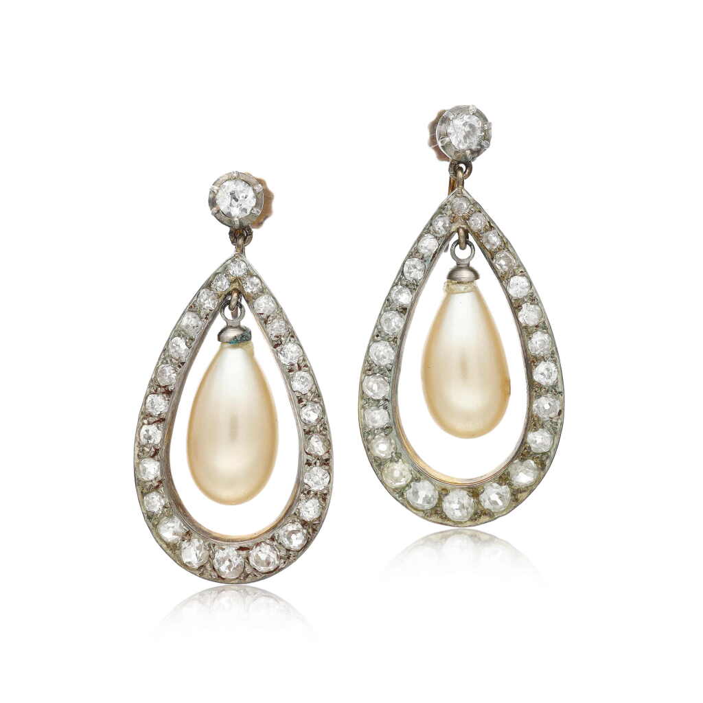 View full screen - View 1 of Lot 134. Pair of diamond and imitation pearl earrings.