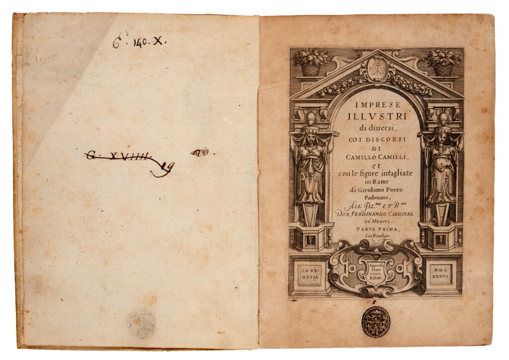 View full screen - View 1 of Lot 60. Camilli, Imprese illustri, Venice, 1586, contemporary limp vellum, Albani copy.