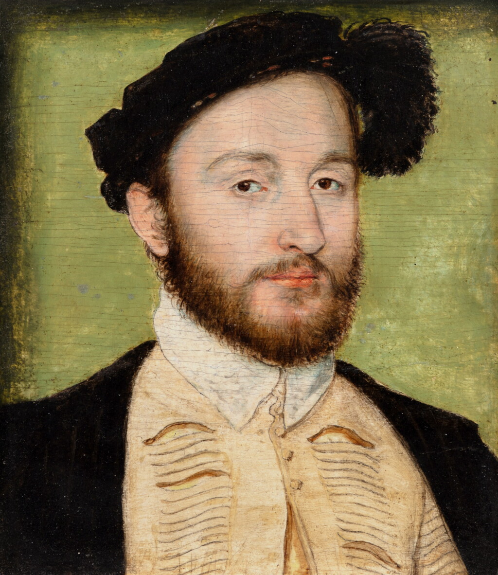 View full screen - View 1 of Lot 30. Portrait of Charles de La Rochefoucauld (1525–1562), bust-length, wearing a slashed doublet, black coat and feathered cap.
