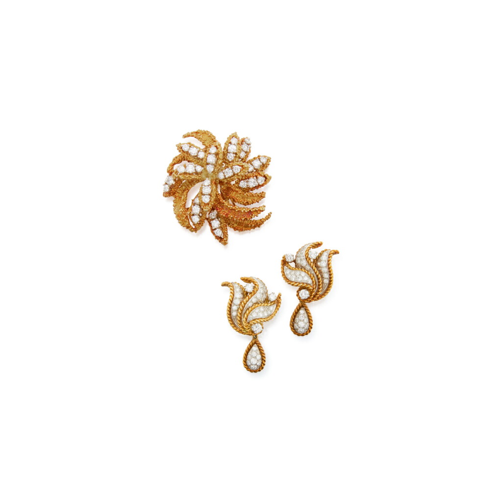View full screen - View 1 of Lot 157. GOLD AND DIAMOND CLIP-BROOCH AND PAIR OF PENDANT-EARCLIPS.
