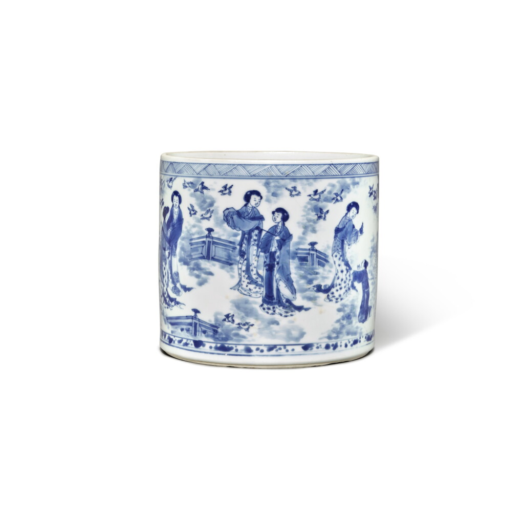 View full screen - View 1 of Lot 323. A rare blue and white 'figural' brushpot, Qing dynasty, Early Kangxi period | 清康熙初 青花牛郎織女圖筆筒.