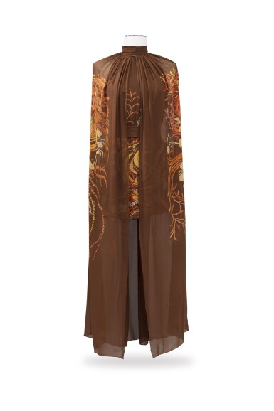 View full screen - View 1 of Lot 76. Balestra, Printed muslin long cape and mini dress, two belts | cape et mini-jupe en mousseline imprimée, deux ceintures.