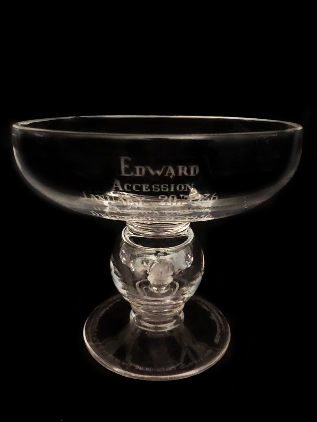 View full screen - View 1 of Lot 12. "THE ABDICATION CUP", An engraved glass cup commemorating the accession and abdication of King Edward VIII, 1937.