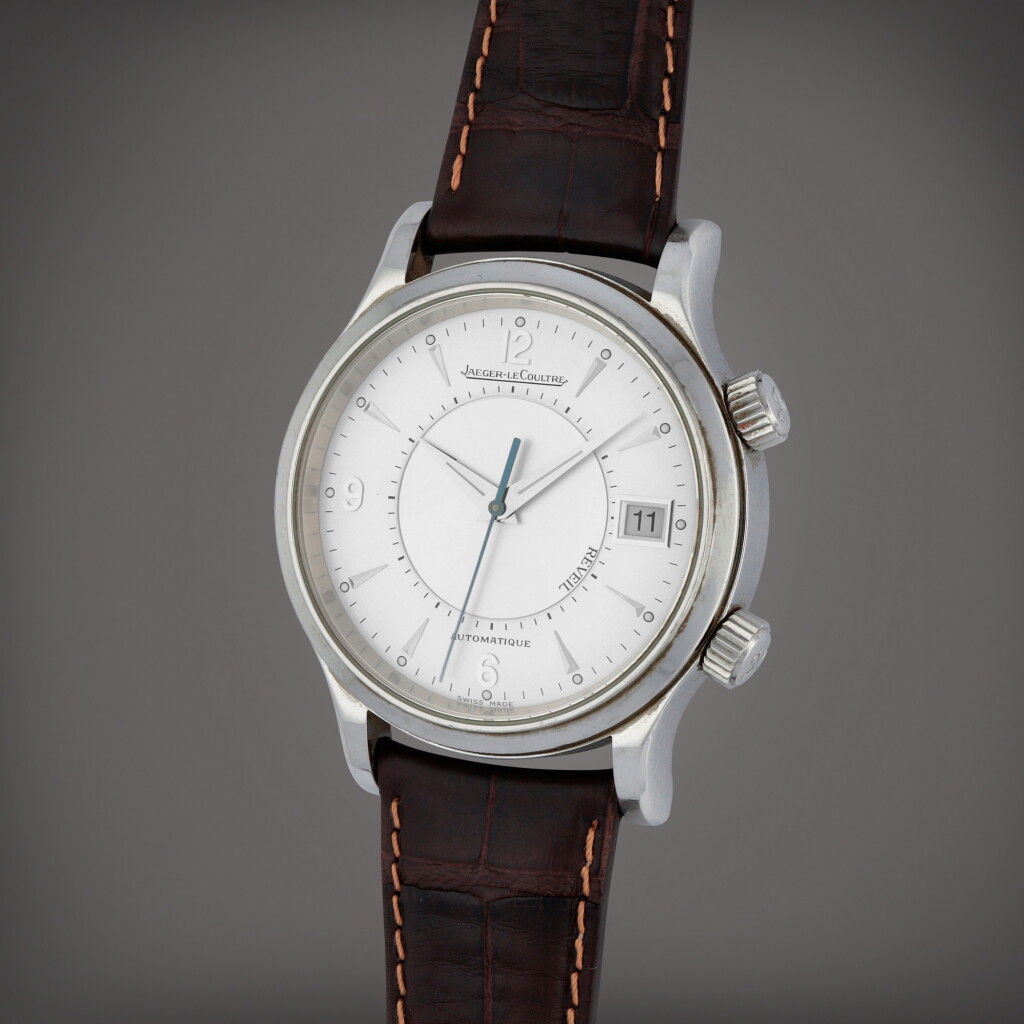 View full screen - View 1 of Lot 357. Master Reveil Memovox, Reference 141.8.97/1 | A stainless steel wristwatch with alarm and date | Circa 2002.