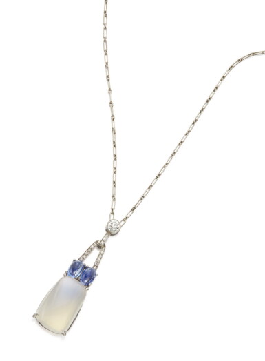 View full screen - View 1 of Lot 421. MOONSTONE, SAPPHIRE AND DIAMOND PENDANT-NECKLACE.