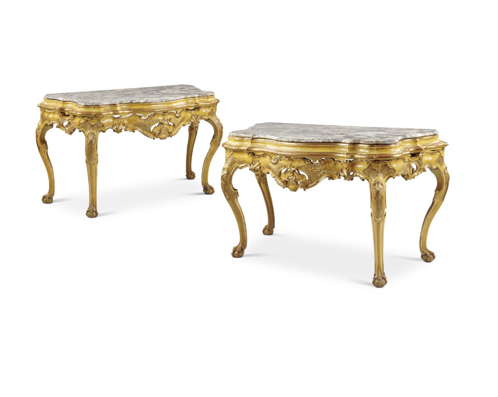 View full screen - View 1 of Lot 148. A pair of Italian yellow-lacquered and parcel-gilt consoles, Venice, circa 1750-1760.