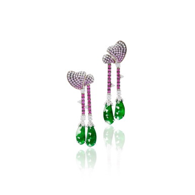 View full screen - View 1 of Lot 2741. Pair of Jadeite, Gem Set and Diamond Earrings | 天然翡翠 配 寶石 及 鑽石 耳墜一對.