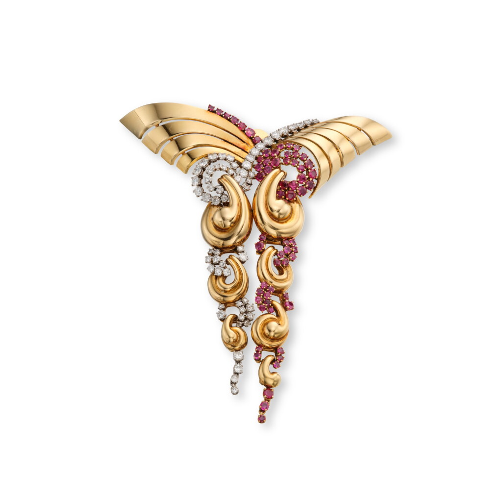 View full screen - View 1 of Lot 329. Gold, Ruby and Diamond Clip, France.