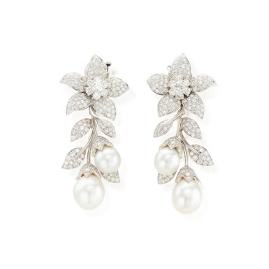 View full screen - View 1 of Lot 94. Van Cleef & Arpels | Pair of Cultured Pearl and Diamond Pendant-Earclips, France.