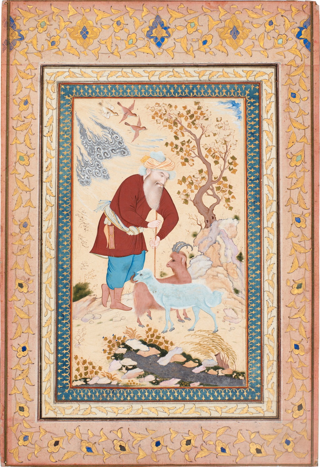 View full screen - View 1 of Lot 148. An old shepherd leaning on his staff in a landscape, signed by Mu'in Musavvir, Persia, Isfahan, Safavid, dated 19 Rabi' al-Awwal 1087 AH/1676 AD.
