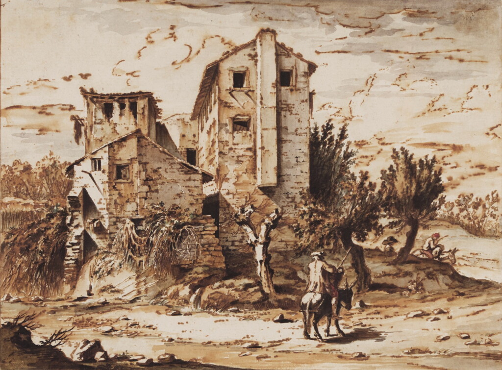 View full screen - View 1 of Lot 32. Landscape with travelers by rustic buildings.