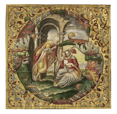 View full screen - View 1 of Lot 11. The Rest on the Flight into Egypt, historiated initial on a cutting from a Choirbook, in Latin, 17th century.