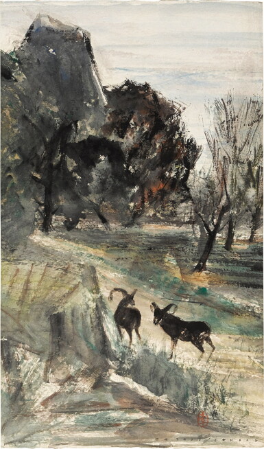 View full screen - View 1 of Lot 1273. Pham Thuc Chuong | Pair of goats in landscape 風景中的兩隻羊.