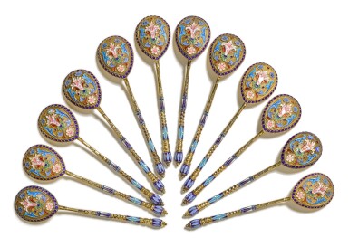 View full screen - View 1 of Lot 157. A set of twelve silver-gilt and cloisonné enamel spoons, Pavel Ovchinnikov, circa 1890.