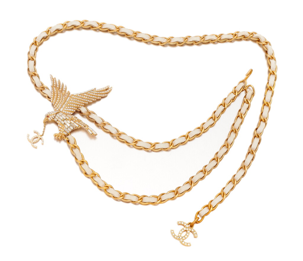 View full screen - View 1 of Lot 163. Embellished white leather and gold-tone chain belt.