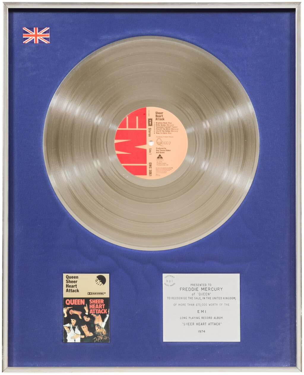 View full screen - View 1 of Lot 2030. Queen – Freddie Mercury's BPI Sales Award For Sheer Heart Attack.