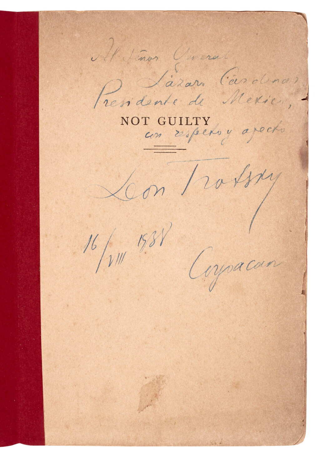 View full screen - View 1 of Lot 115. Trotsky, Not Guilty, New York, 1938, original printed wrappers, inscribed by Trotsky.