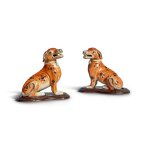 A Rare Pair of Chinese Export Famille-Rose Figures of Seated Hounds, Qing Dynasty, Qianlong Period, Circa 1785 | 清乾隆 約1785年 粉彩獵犬擺件一對