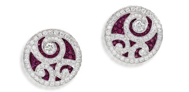 View full screen - View 1 of Lot 1111. GRAFF | 'DIAMOND ON DIAMOND' PAIR OF DIAMOND AND RUBY EARRINGS | 格拉夫 'Diamond on Diamond' 鑽石 配 紅寶石 耳環一對.