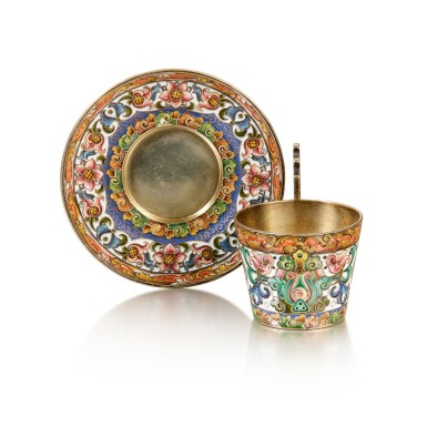 View full screen - View 1 of Lot 236. A Fabergé silver-gilt and cloisonné enamel tea-cup and saucer, Moscow, 1899-1908.