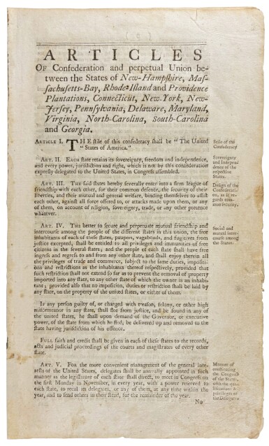 View full screen - View 1 of Lot 1005. The Articles of Confederation | "The stile of this confederacy shall be 'The United States of America'".
