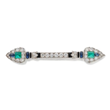 View full screen - View 1 of Lot 9. Emerald, Sapphire, Onyx and Diamond Pin, Paris.
