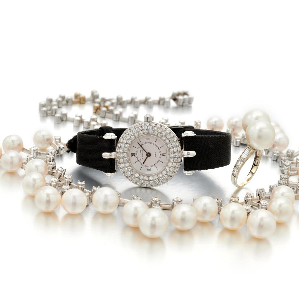 View full screen - View 1 of Lot 200. Cultured pearl and diamond necklace and ring and a diamond wristwatch Van Clef & Arpels (Collana e anello in perle coltivate e diamanti e orologio da polso in diamanti Van Cleef & Arpels).