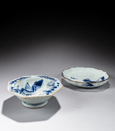 View full screen - View 1 of Lot 171. A blue and white ko-sometsuke 'landscape' octagonal bowl and an octagonal 'fishermen' fluted dish, Ming dynasty, Tianqi period.
