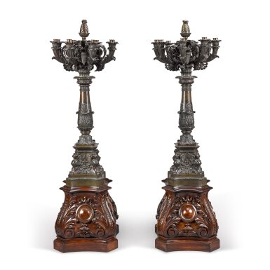 View full screen - View 1 of Lot 84. A pair of large Louis Philippe patinated bronze eight-light candelabra, circa 1832, attributed to Jean-François Denière.