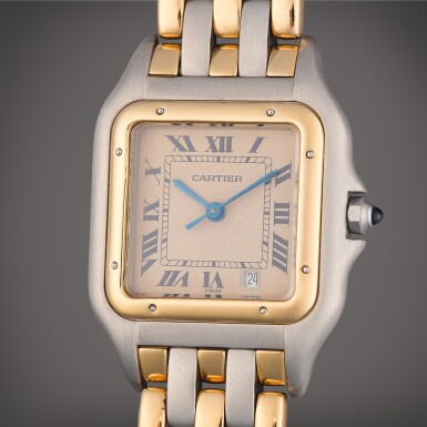 View full screen - View 1 of Lot 384. Panthère | A yellow gold and stainless steel wristwatch with bracelet, Circa 2000.