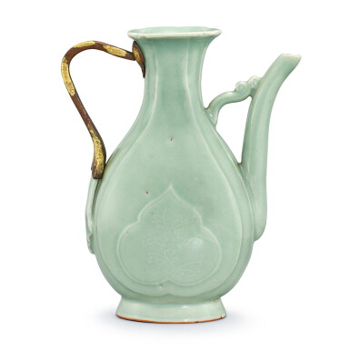 View full screen - View 1 of Lot 455. A gilt-copper mounted Longquan celadon moulded and slip-decorated ewer Ming dynasty | 明 龍泉青釉杏圓花卉紋執壺鑲鎏金銅柄.